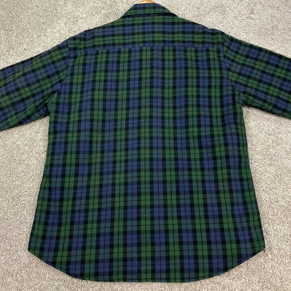 Woolrich Button Down Flannel Mens Medium Green Blue Plaid Quilted Lining Shacket - Picture 4 of 9